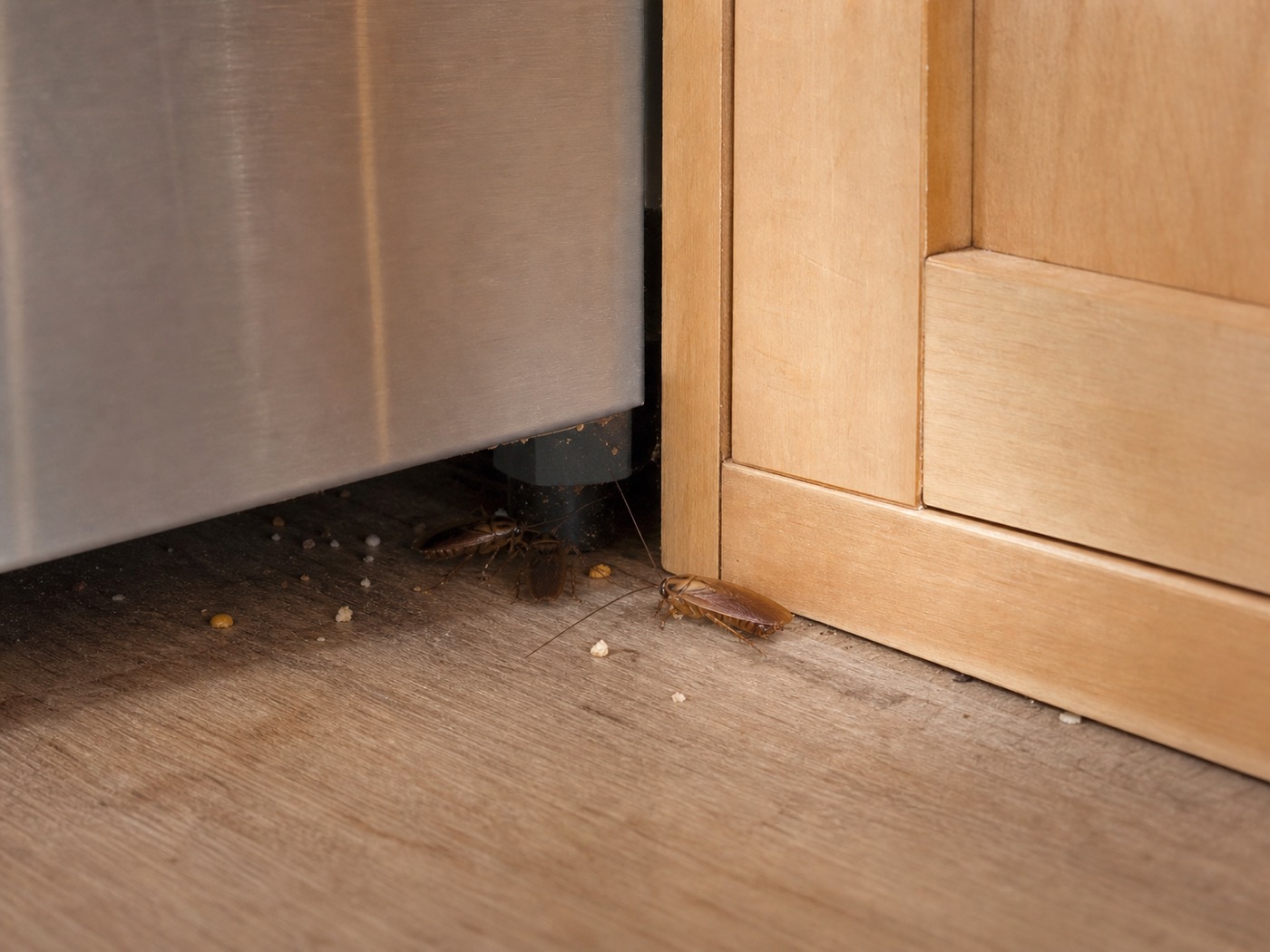 German roaches near a kitchen appliance and cabinet gap